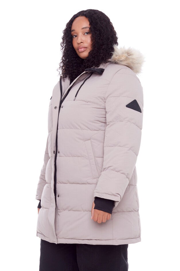 Women's Plus Size - AULAVIK | Vegan Down Recycled Mid-Length Hooded Parka Coat, Light Taupe / Taupe, alternate image number 1