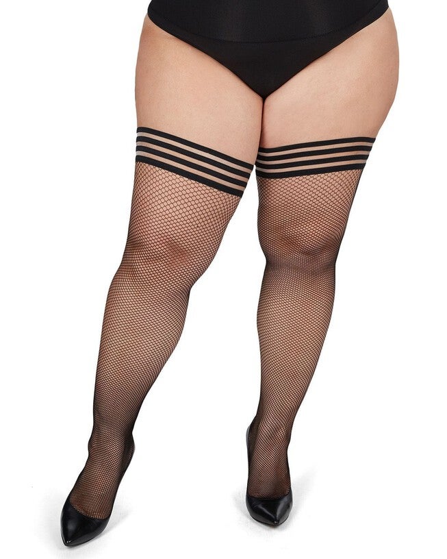 Plus Size Curvy Backseam Fishnet Thigh High Stocking, BlackRed / Red, alternate image number 2