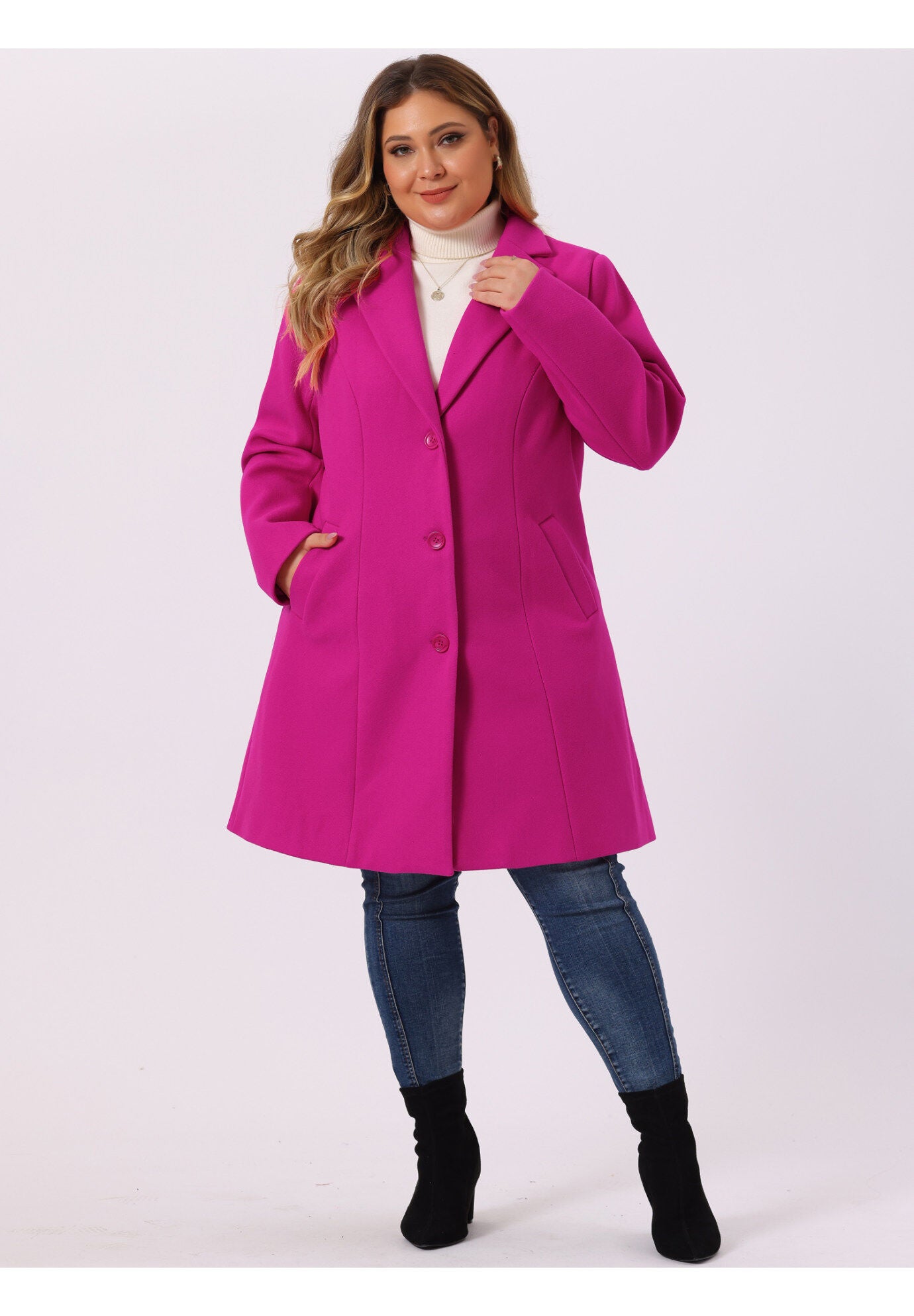 SINGLE BREASTED NOTCHED LAPEL LONG WINTER COAT, Hot Pink / Pink, hi-res image number 0