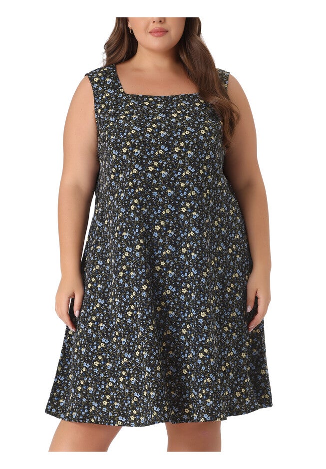 Sleeveless Square Neck Floral Printed Midi Dress, Black / Black, alternate image number 2