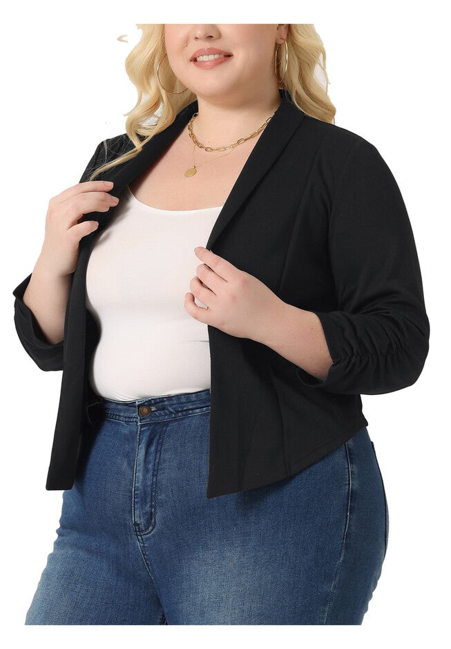 3/4 RUCHED SLEEVE LIGHTWEIGHT BLAZER JACKET, Black / Black, alternate image number 1