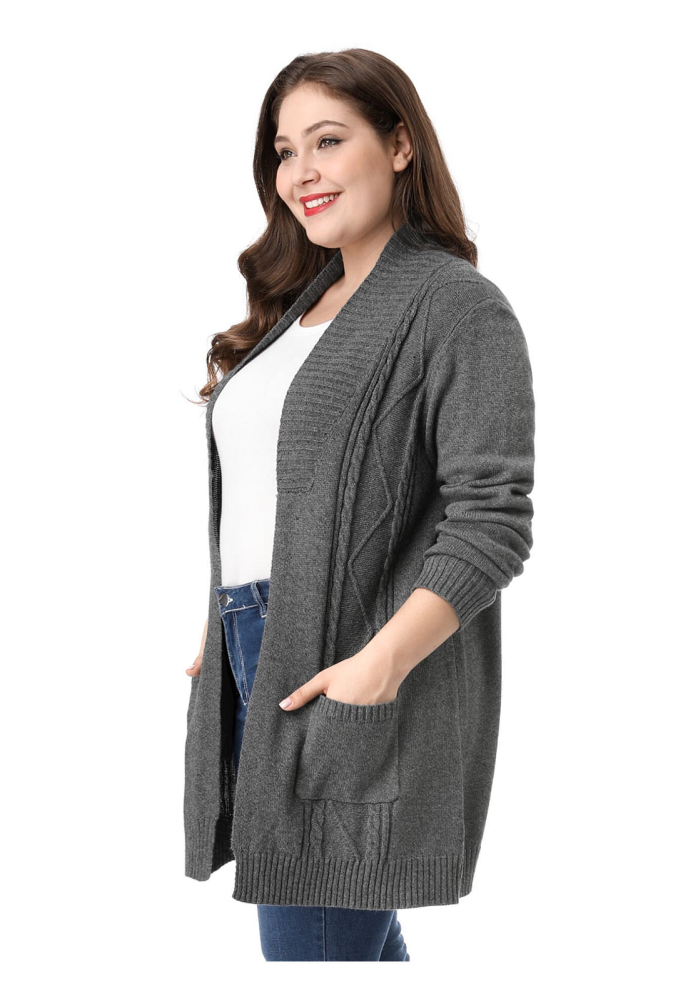 SHAWL COLLAR OPEN FRONT SWEATER CARDIGAN, Grey / Charcoal Grey, alternate image number 3