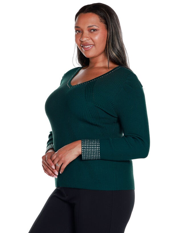 RHINESTONE-TRIM RIBBED SWEATER, Deep Emerald / Forest Green, alternate image number 2