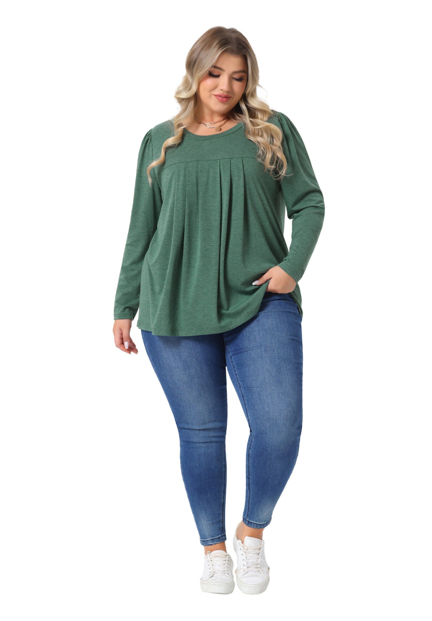 Pleated Crew Neck Blouses Casual Loose Top, Green / Hunter Green, hi-res image number 0