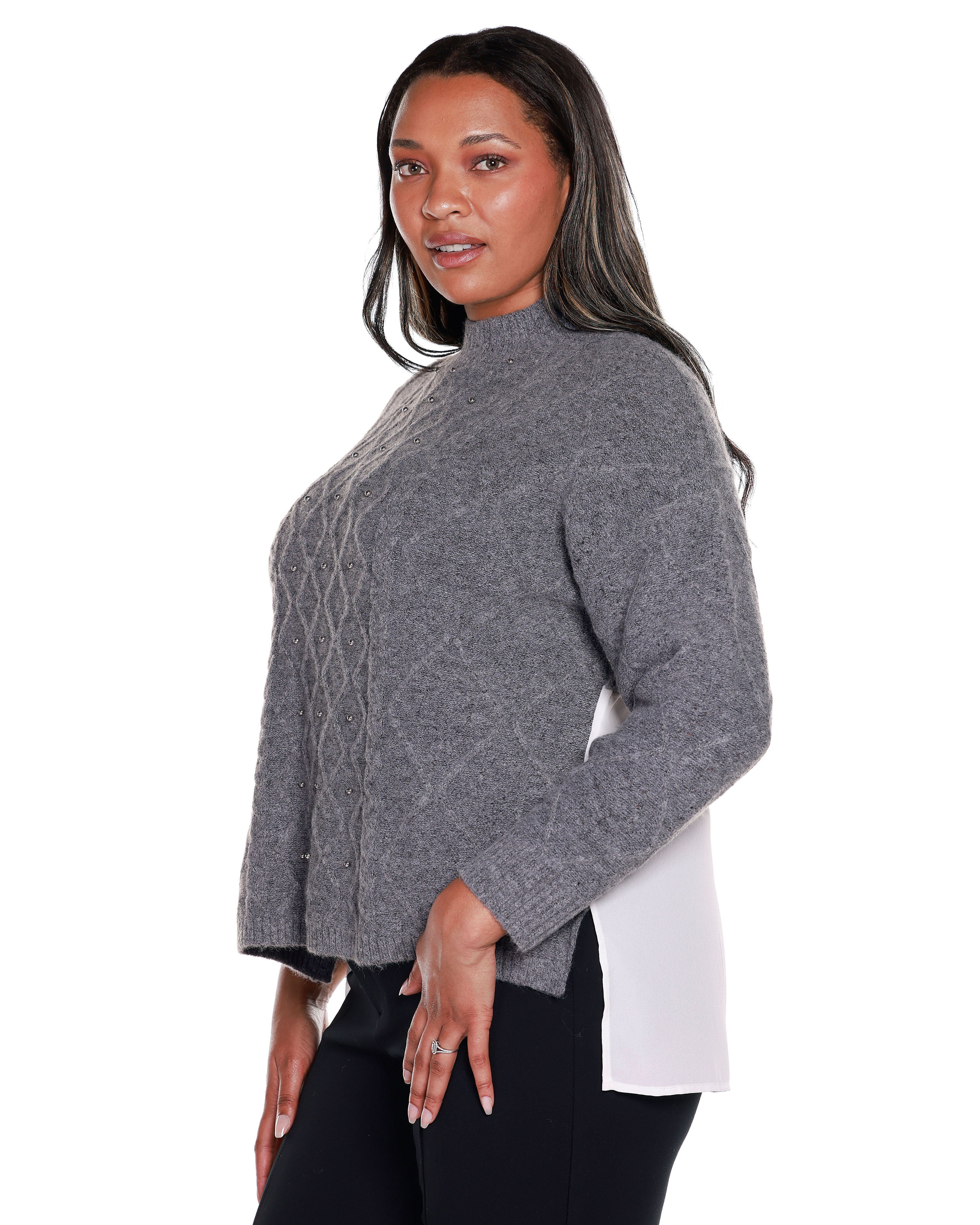 CHIFFON-BACK CABLE SWEATER, Heather GreyWhite / Warm Grey, alternate image number 2