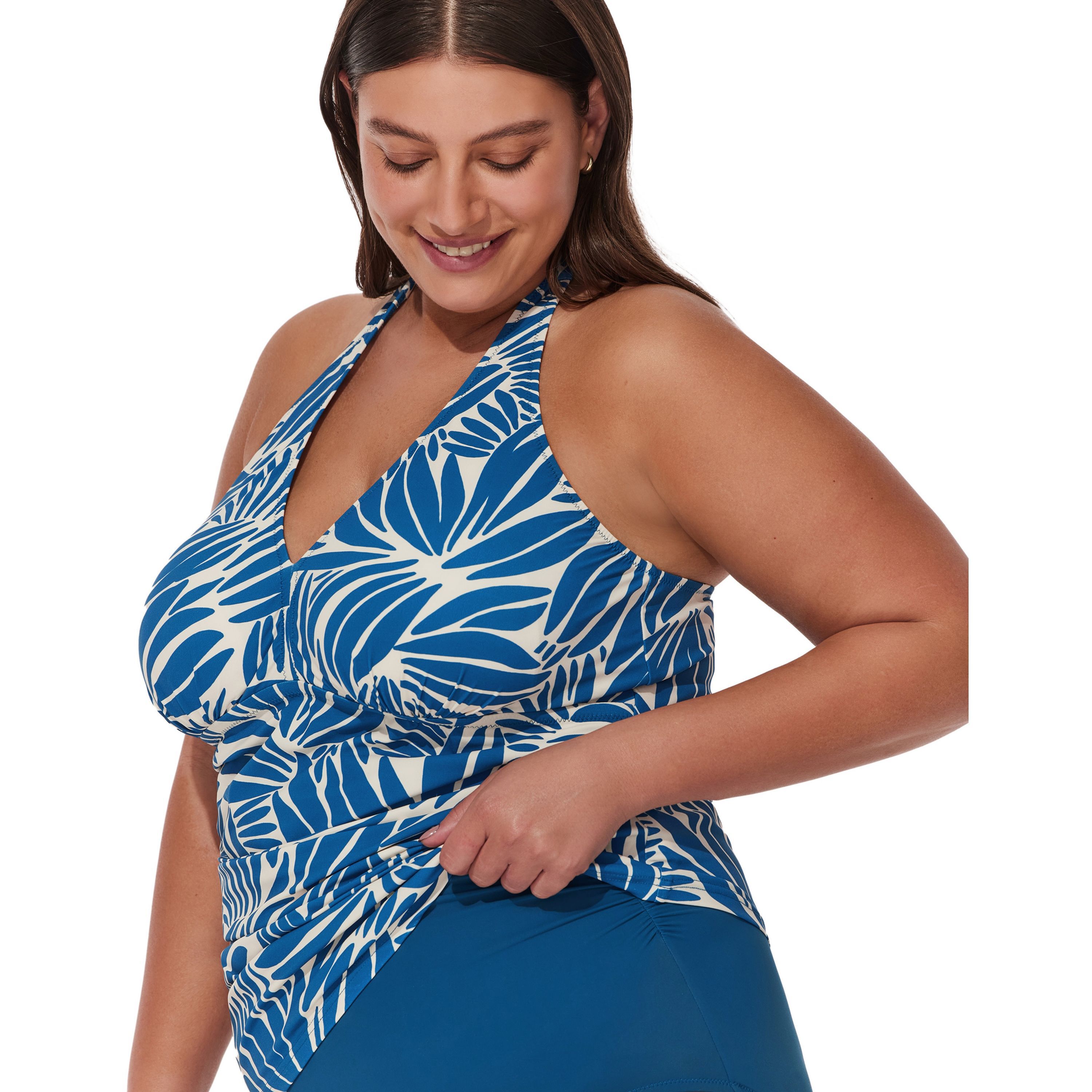 Comeback Plus Size Halter Tankini Top, PetrolWhite / White, alternate image number 2