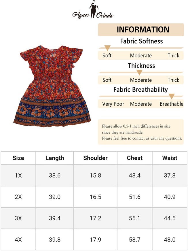 Placed Pattern Bohemian Smock Waist V Neck Summer Midi Dress, Blue Red / Red, alternate image number null