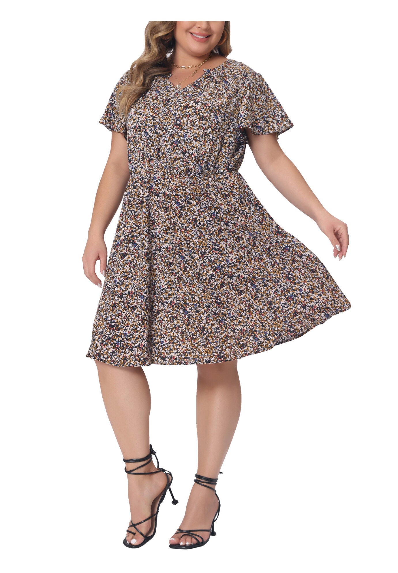 Boho Floral Notched V Neck Ruffle Sleeve A Line Midi Dress, Black / Black, alternate image number 2