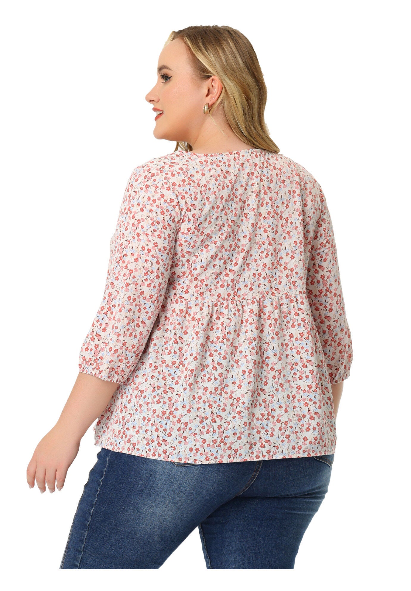 3/4 Sleeve Floral Peplum Babydoll Blouse, Pink / Pink, alternate image number 3