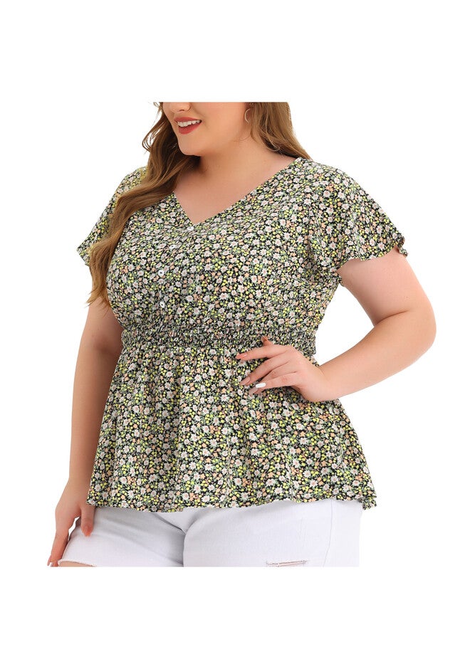 Button V Neck Smocked Waist Flare Short Sleeve Peplum Floral Blouse, Black / Black, alternate image number 2