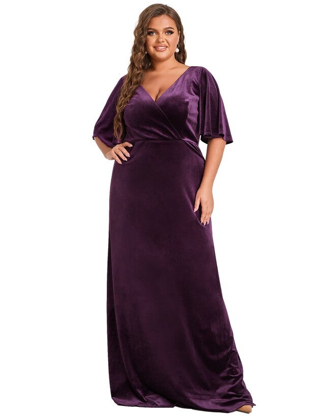 Elegant Double V Neck Velvet Party Dress with Sleeves, Dark Purple / Purple, alternate image number null