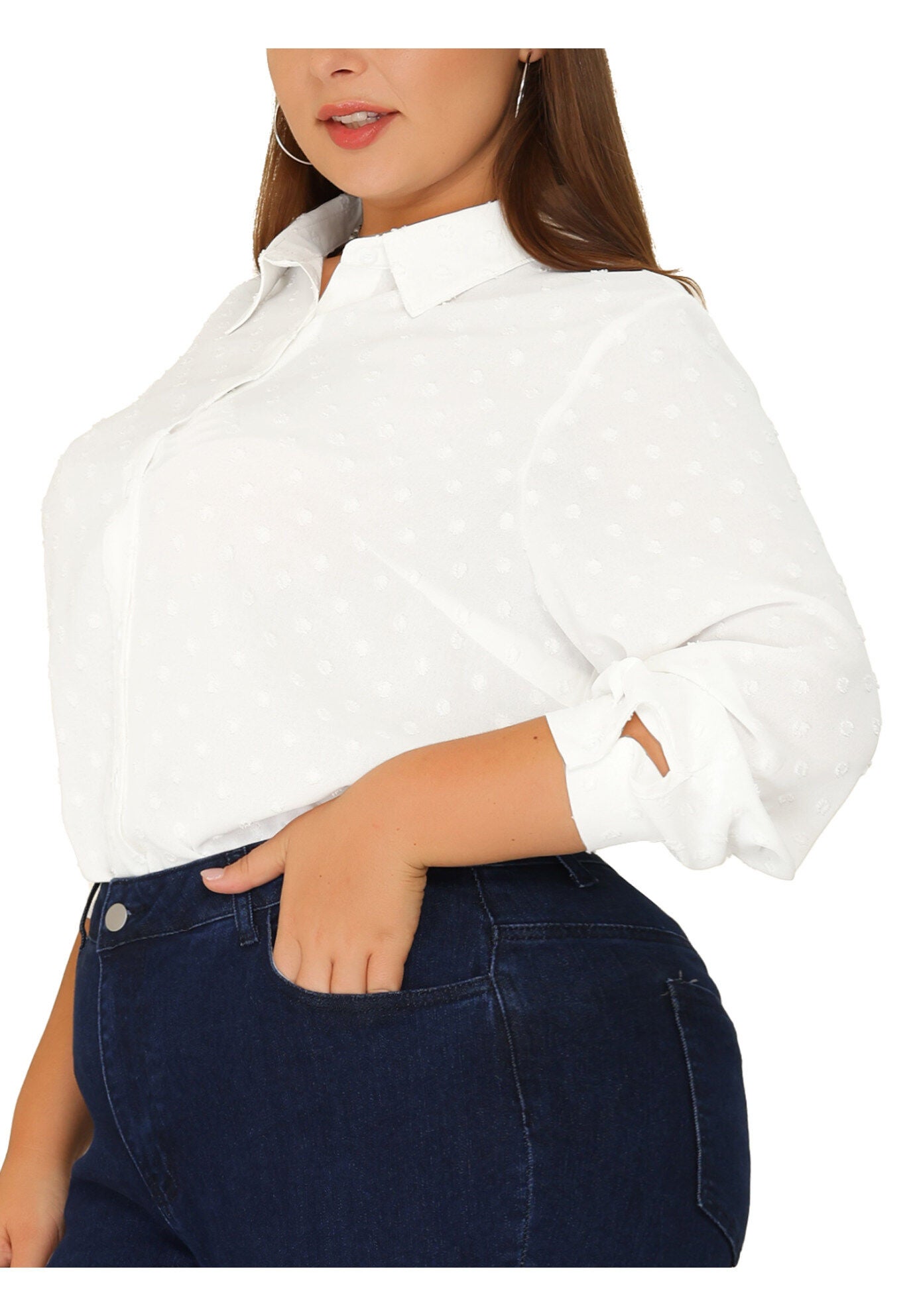 Swiss Dots Long Sleeve Button Down Shirt Blouse, White / White, alternate image number 1