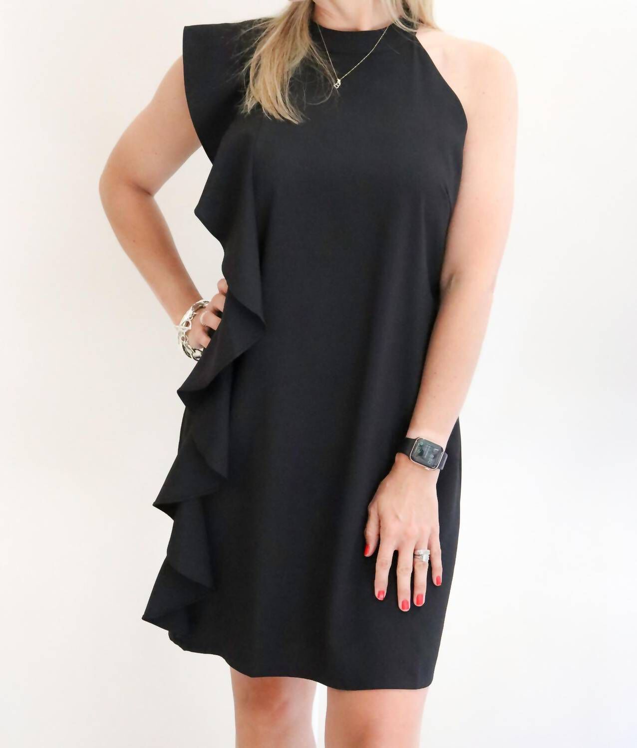 ONE SLEEVE RUFFLE DRESS IN BLACK, Black / Black, hi-res image number 0