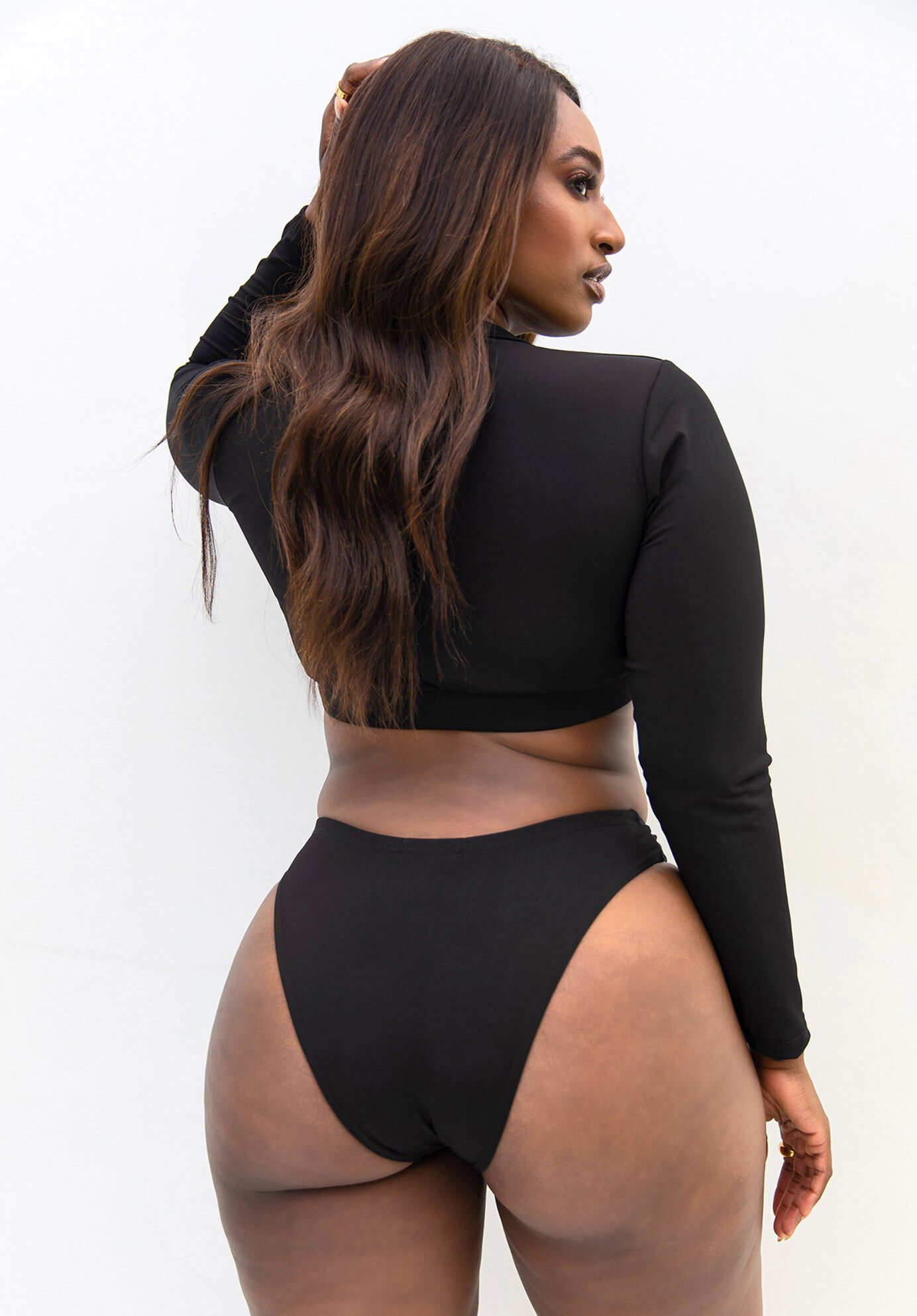 Essential Long Sleeve Crew Swim Top, Black / Black, alternate image number 3