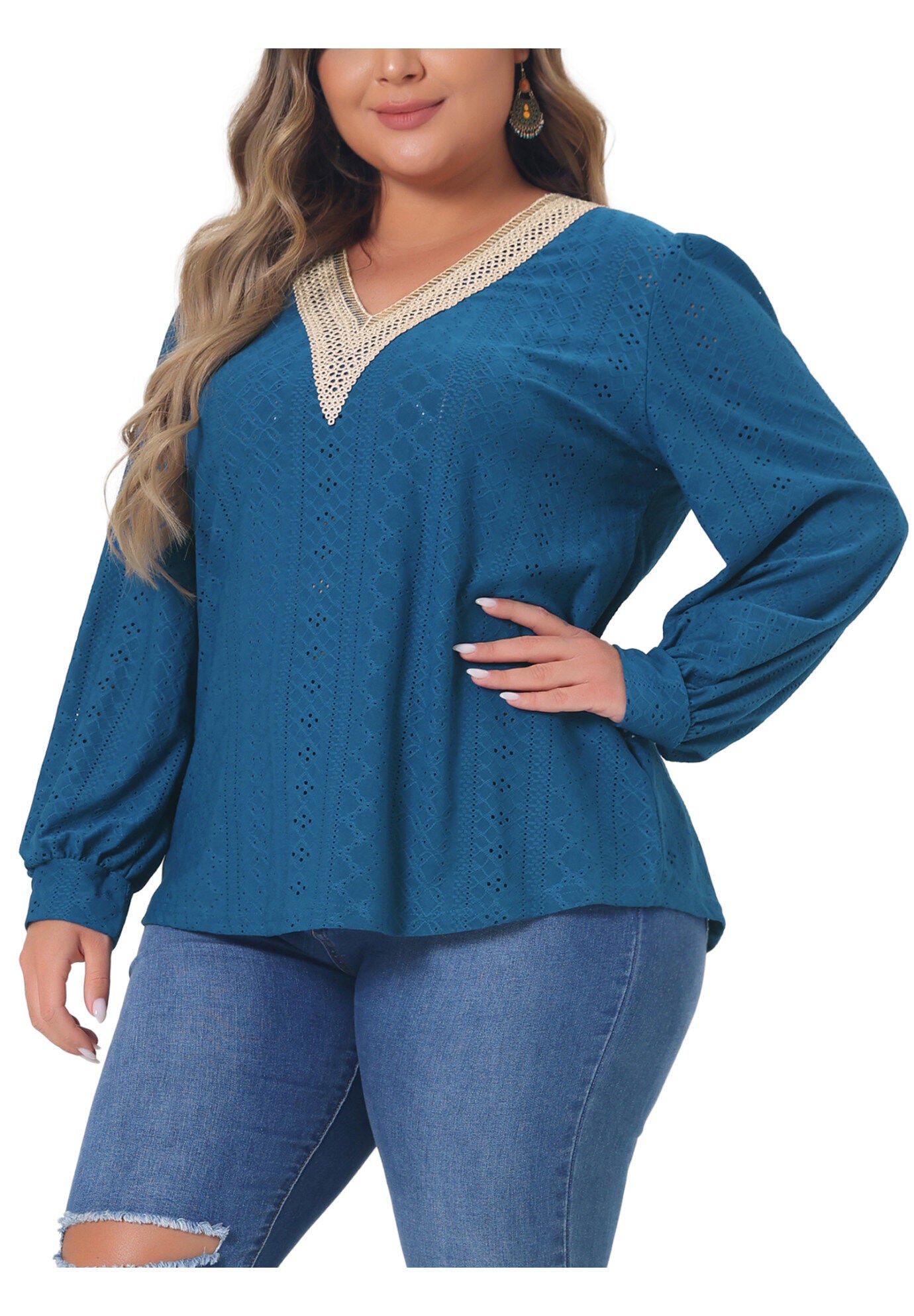 Lace V Neck Petal Long Sleeve Blouse Eyelet Hollow Top, Navy / Navy, alternate image number 2