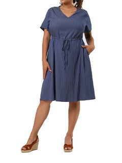 V Neck Short Sleeve A Line Chambray Denim Dress