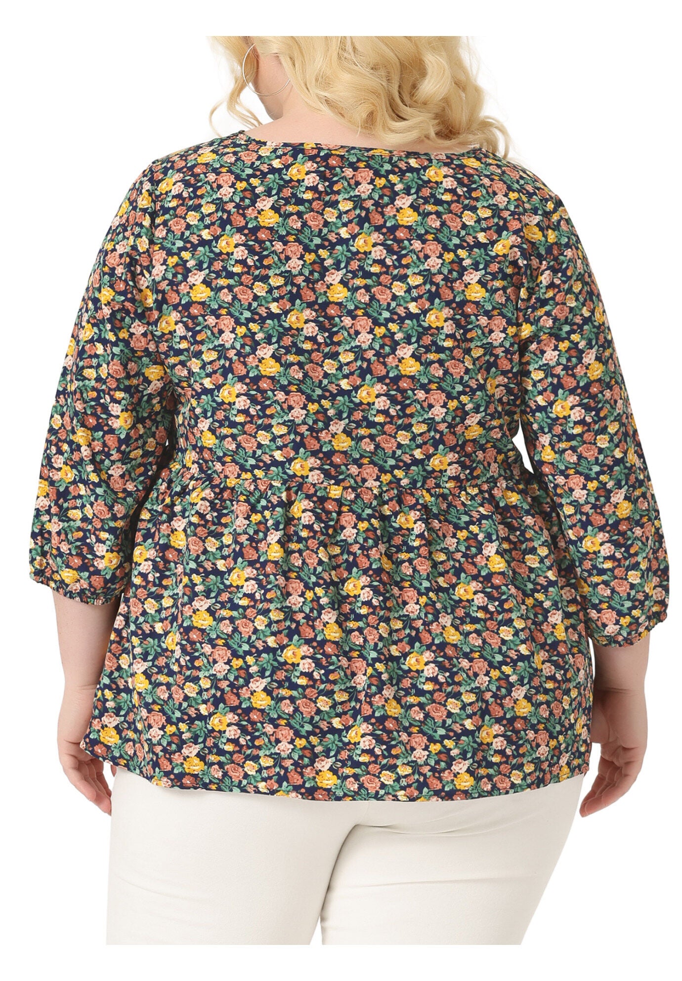 3/4 Sleeves Babydoll Chiffon Keyhole Floral Flowy Top Blouse, Navy Blue / Navy, alternate image number 3