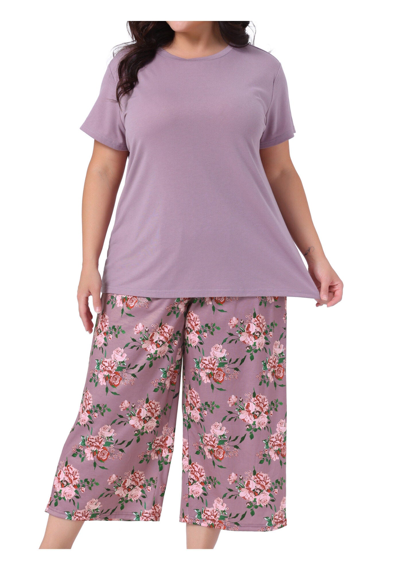 Short Sleeve Tops Pants Two-Piece Pajamas Set, Purple / Purple, alternate image number 2