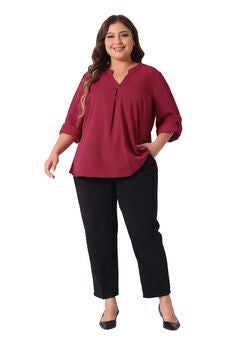 V Neck Rolled Up Sleeves Pleated Back Shirt Chiffon Top