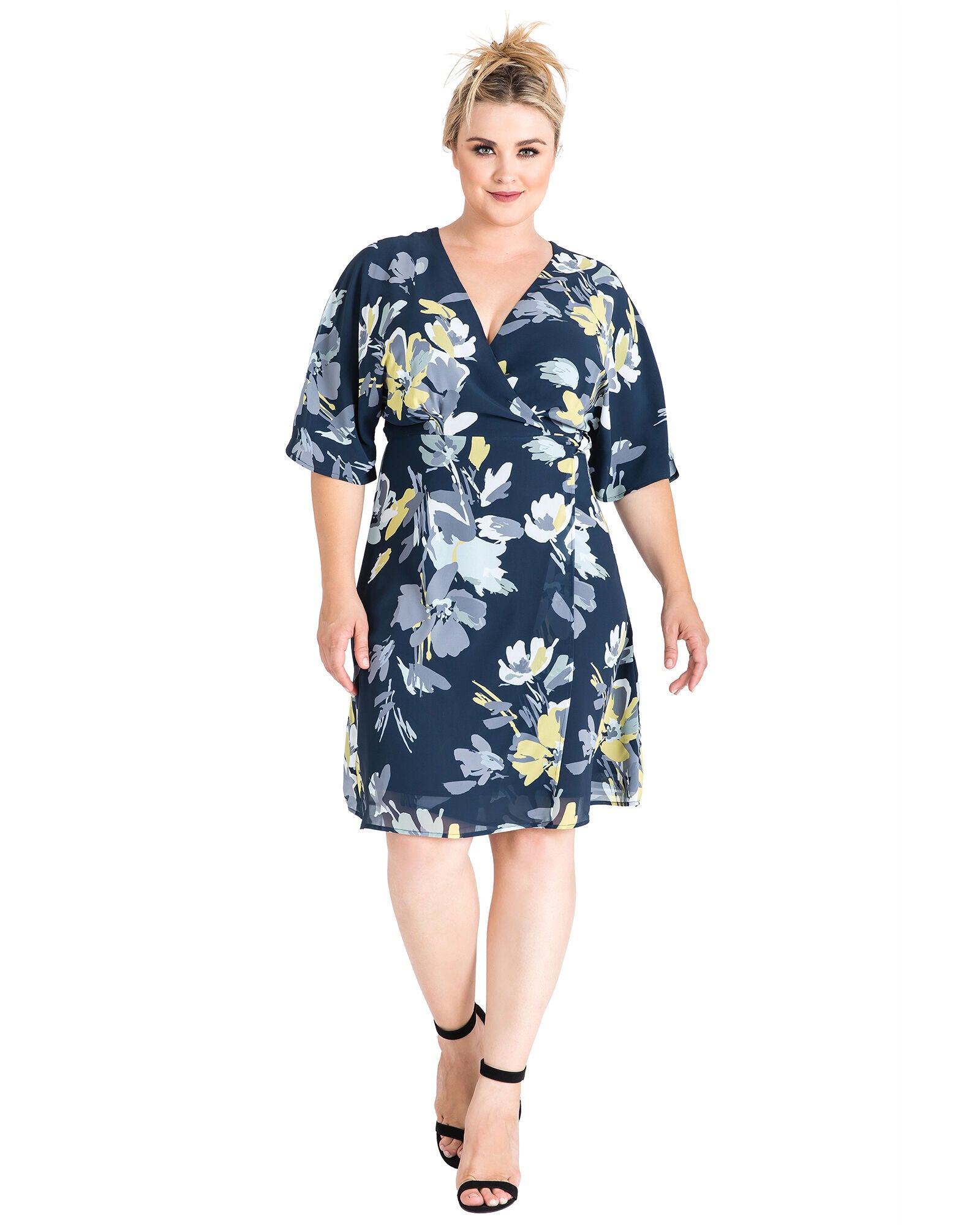 Plus Size Candice V-Neck Kimono Wrap Midi Dress, NAVYPETALS / Navy, hi-res image number 0