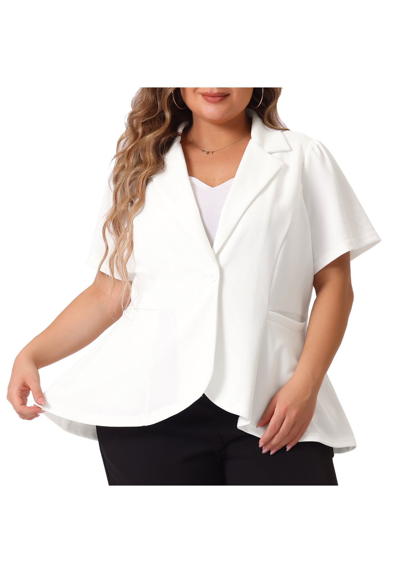 SHORT SLEEVE BUTTON BUSINESS SUIT BLAZER, White / White, alternate image number 1