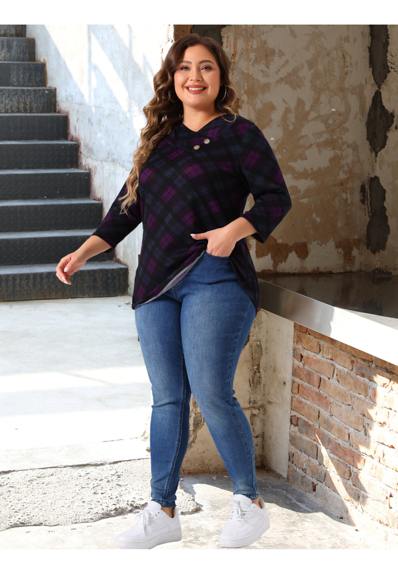 Stripe 3/4 Sleeve Tunic V Neck Knit Blouse, Purple Black / Black, hi-res image number 0