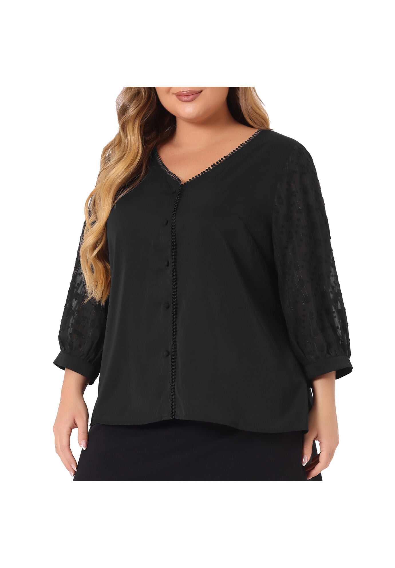 V Neck Sheer Lace Panel 3/4 Sleeve Button Up Lace Top, Black / Black, alternate image number 1
