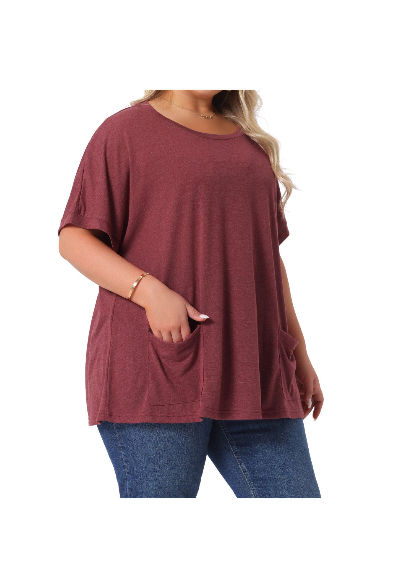 Short Sleeve Top Loose Fit Summer T-Shirt with Pocket, Burgundy / Burgundy, alternate image number 1
