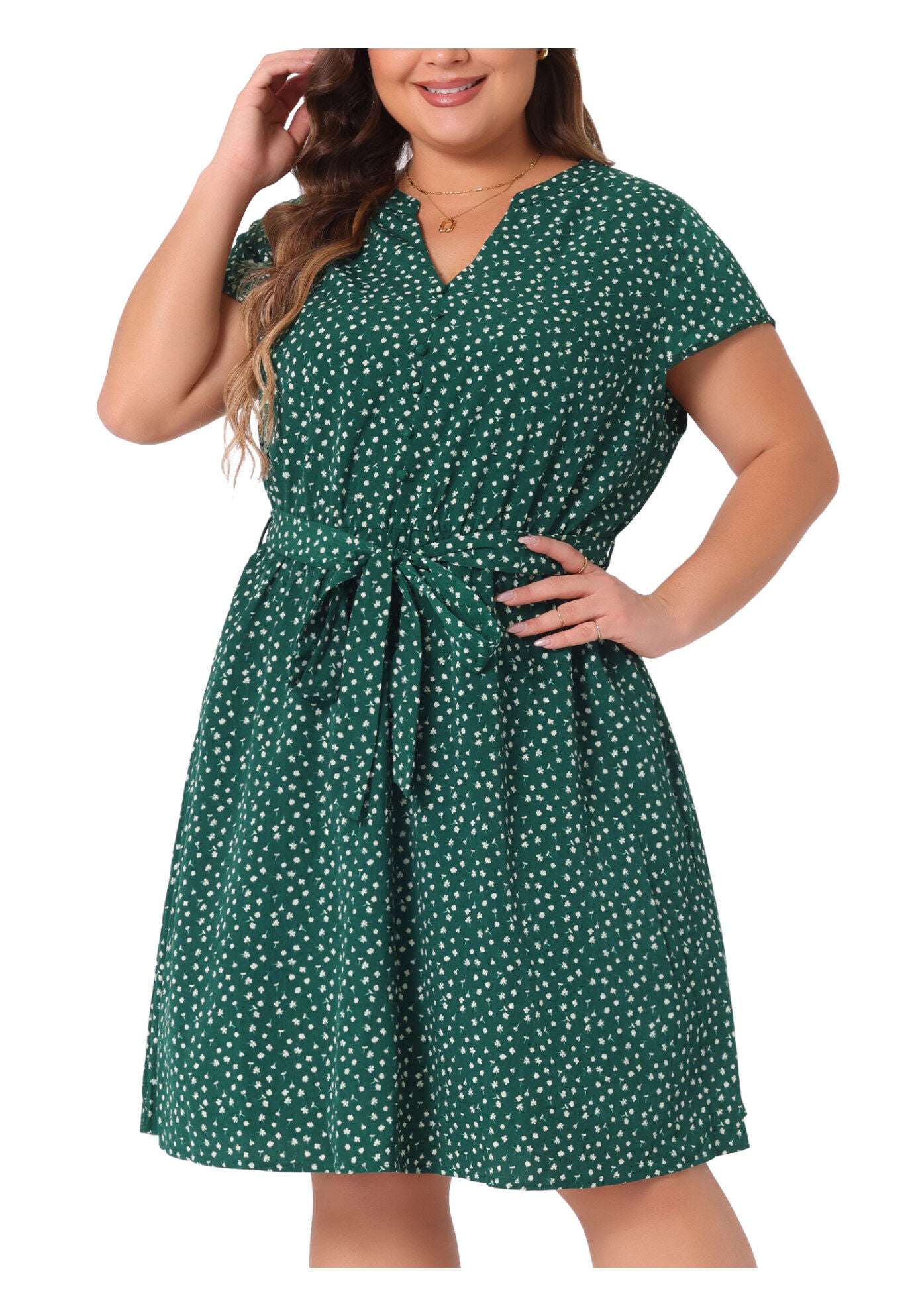 V Neck Belted Summer Floral Dress, Dark Green / Forest Green, alternate image number 2
