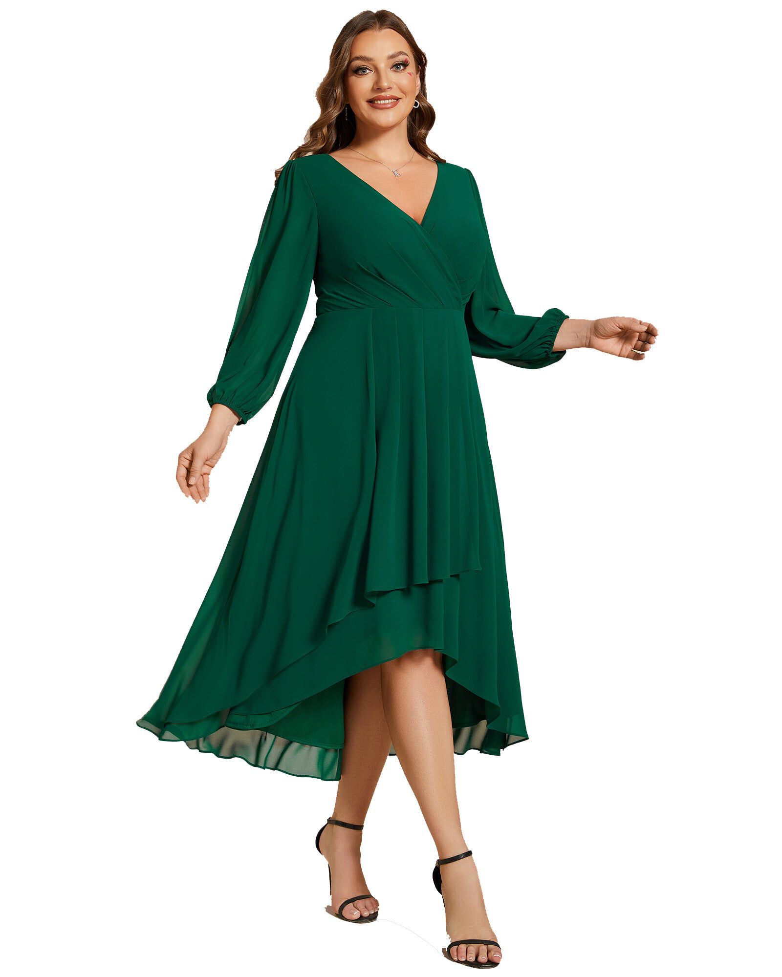 Long Sleeves Asymmetrical Hem A-Line Midi Wedding Guest Dress, Dark Green / Forest Green, alternate image number 3