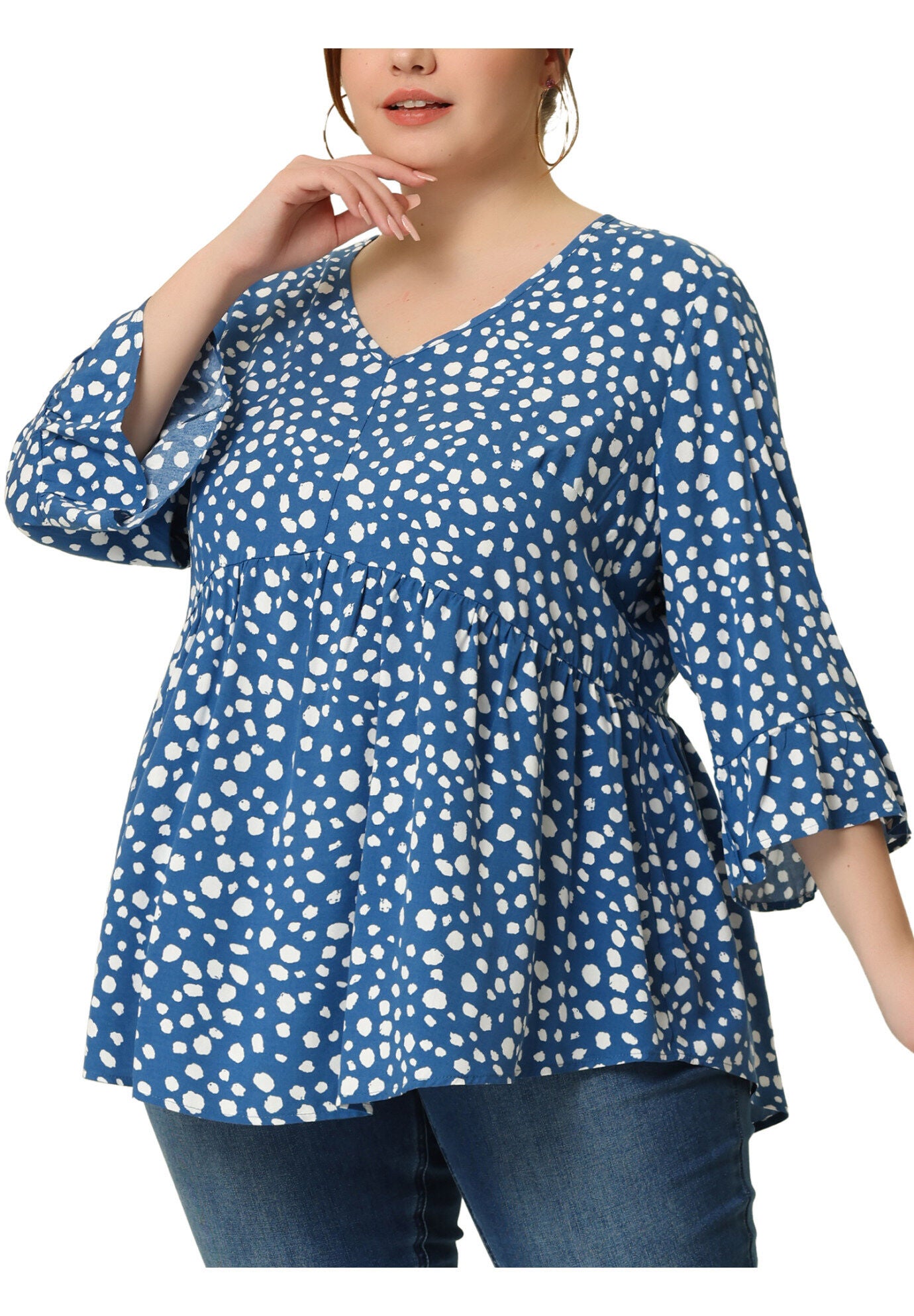 Polka Dots Blouse 3/4 Ruffle Sleeve Peplum Top, Blue / Royal Blue, alternate image number 2