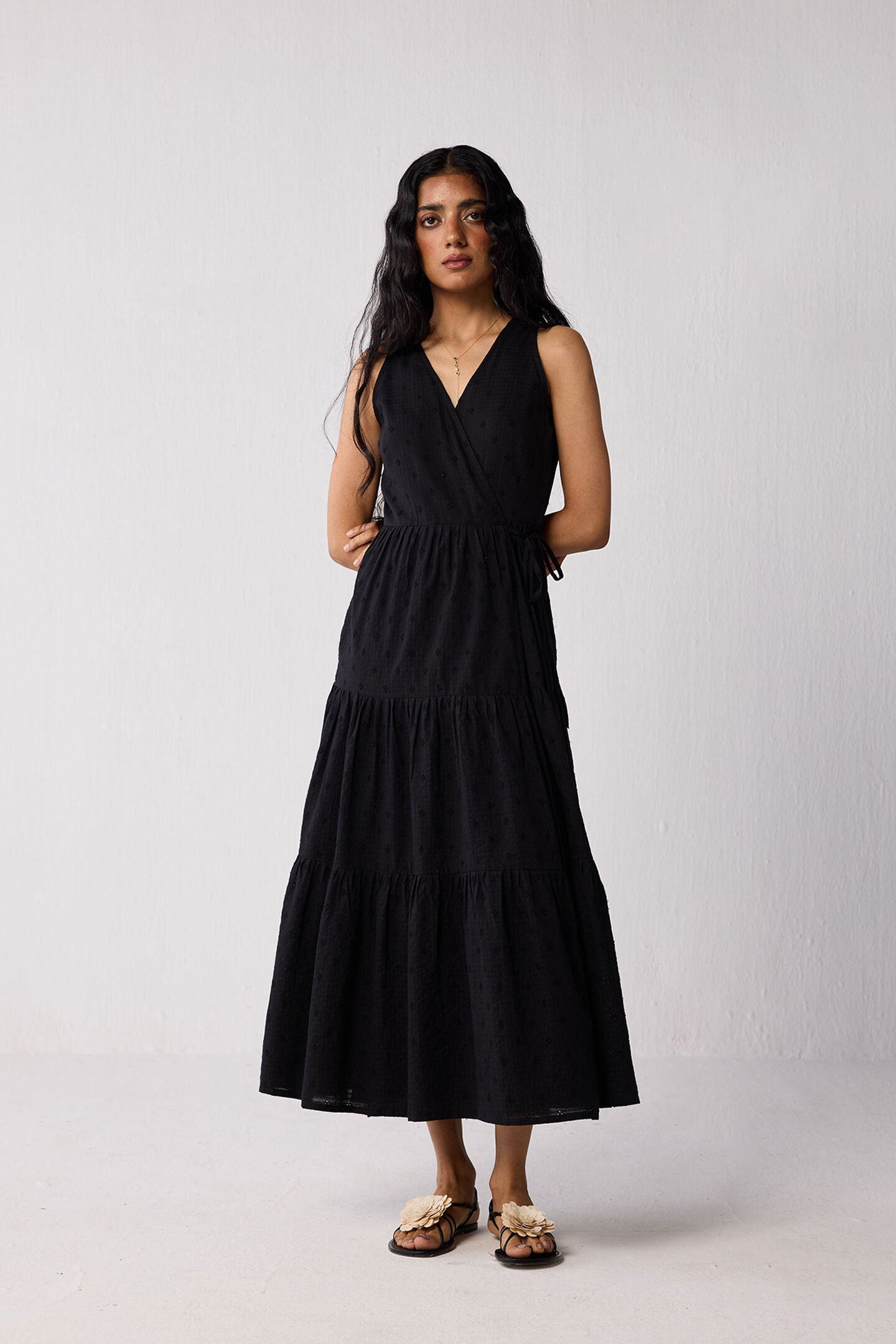 Sleeveless Embroidered Wrap Dress with Tiers in Black, Black / Black, hi-res image number 0