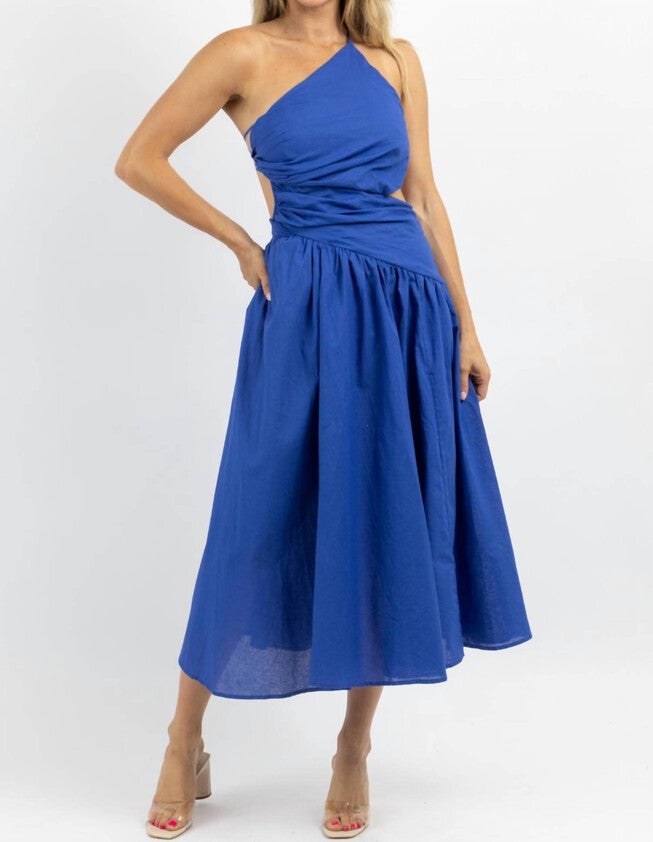ASYMMETRIC RUCHE MIDI DRESS IN DEEP WATERS, Deep Waters / Light Blue, hi-res image number null