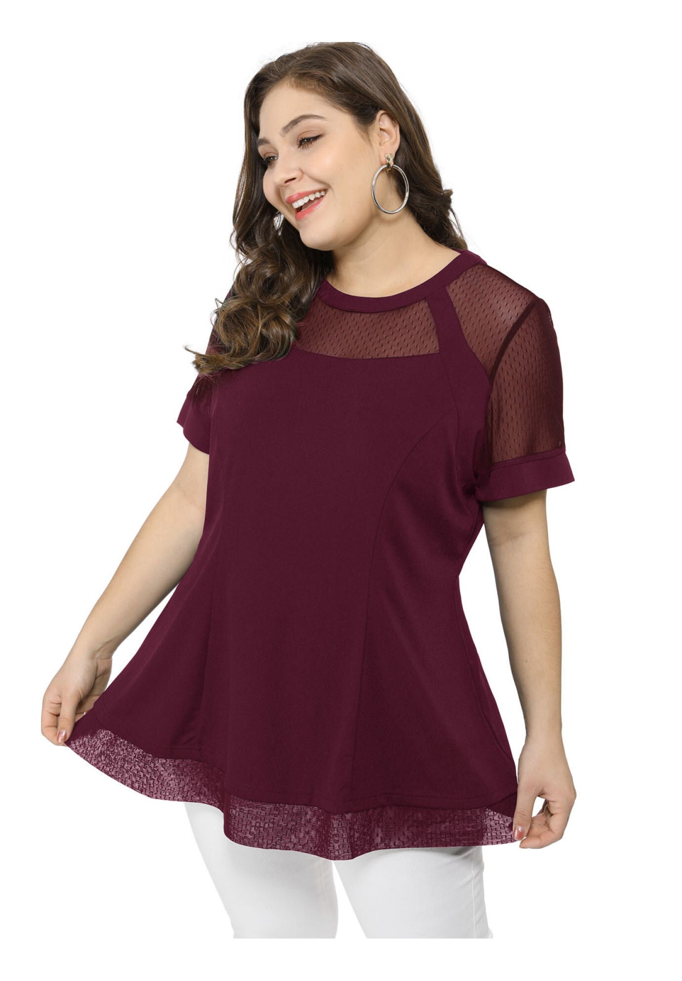 ROUND NECK SHORT SLEEVE MESH SHEER SUMMER PEPLUM TOP, Red / Red, hi-res image number 0