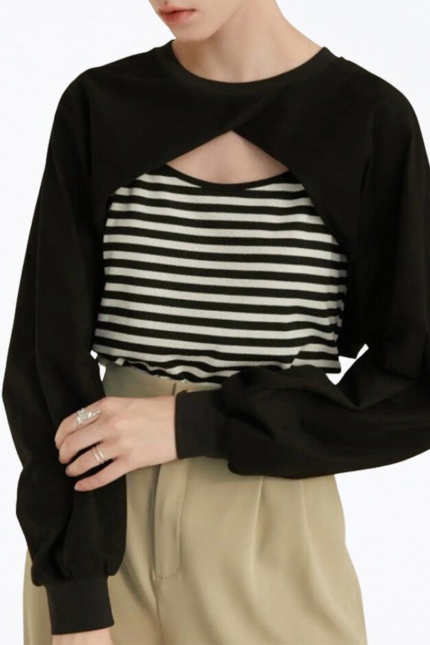 LAVERNE CONVERTIBLE CROPPED CUTOUT TANK BOLERO SET IN BLACK/WHITE, BlackWhite / Black, hi-res image number null