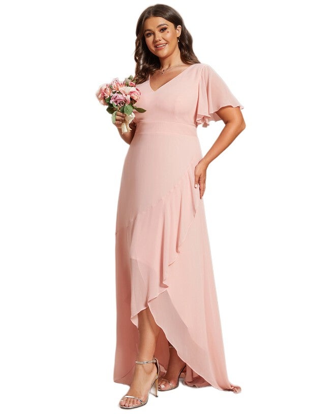 Charming Chiffon Bridesmaid Dress with Lotus Leaf Hemline, Pink / Pink, alternate image number 3