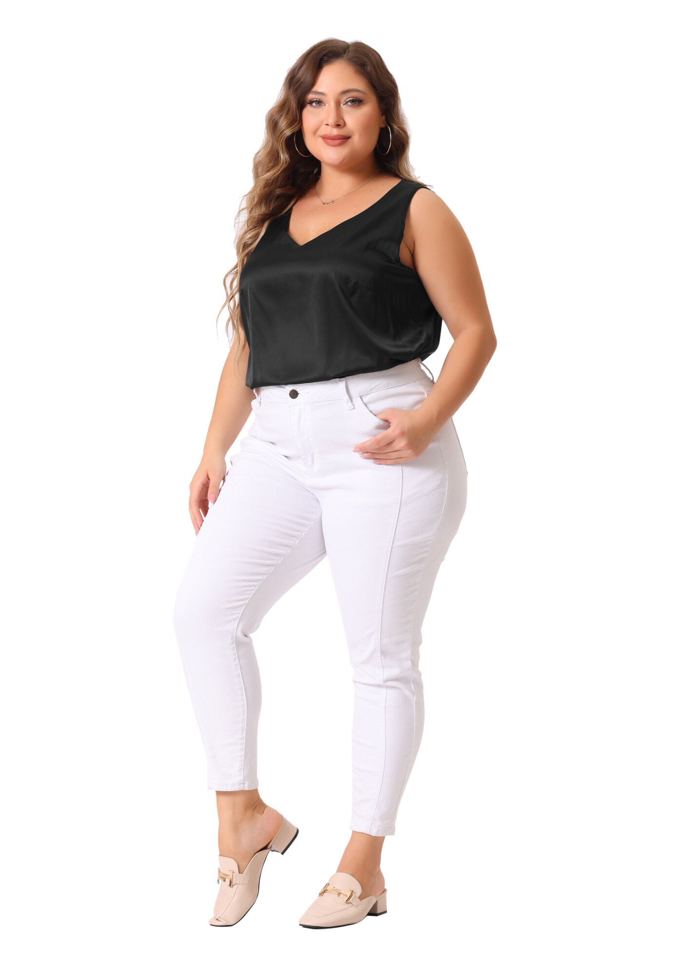 Satin Tank Top V Neck Casual Sleeveless Cami, Black / Black, hi-res image number 0