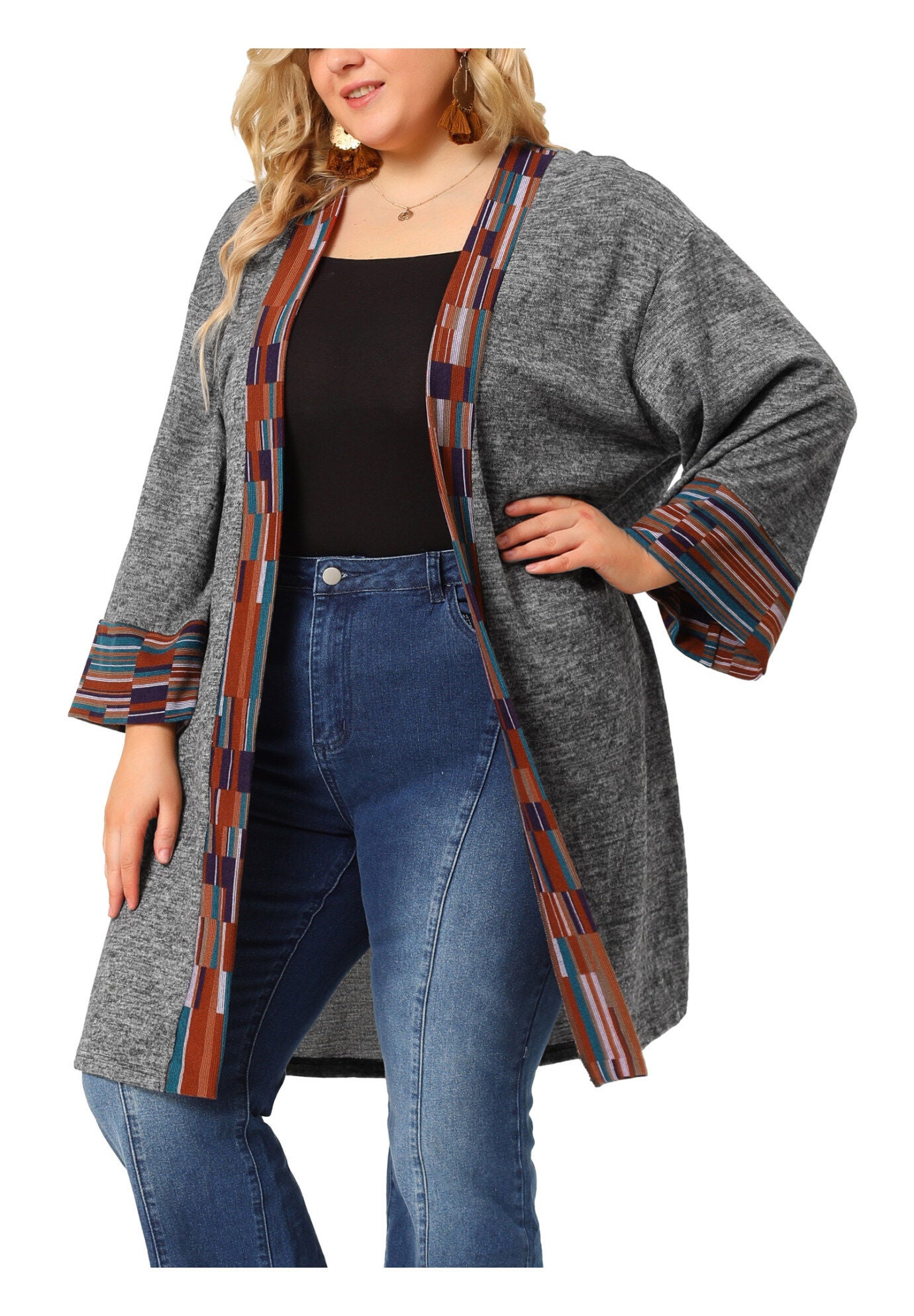 OPEN FRONT BOHO BOHEMIAN KNIT CARDIGAN, Dark Gray / Warm Grey, alternate image number 2