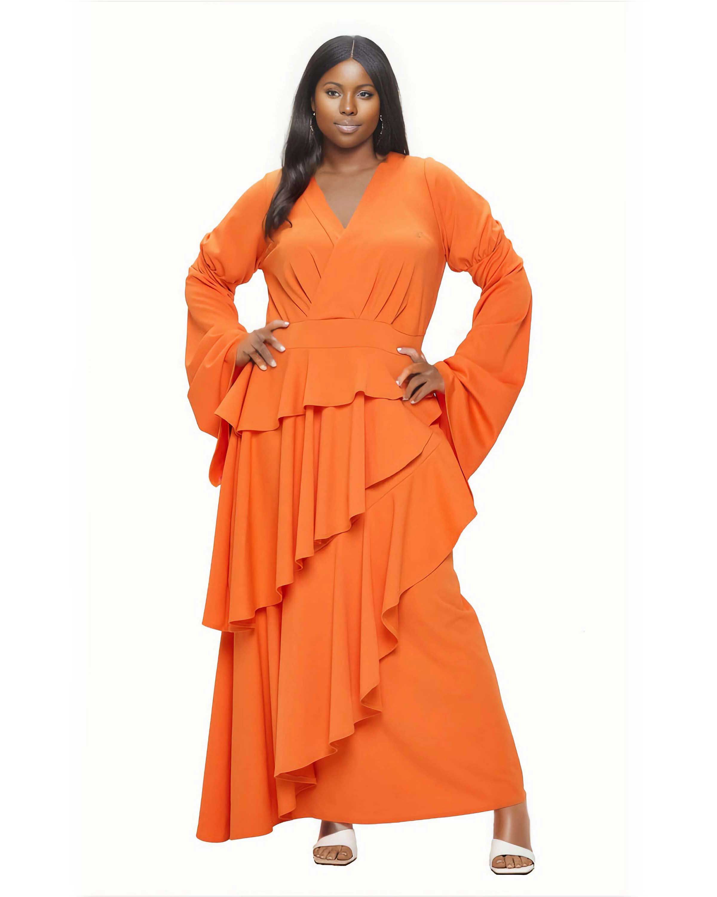 ZETA RUFFLED DRAMA DRESS, Tangerine / Orange, hi-res image number 0