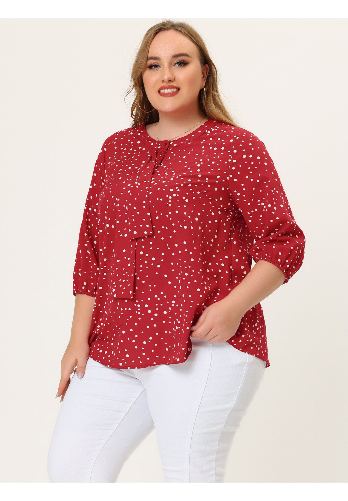 Work Round Neck Ruffle Chiffon Blouse Top, Red White / Red, alternate image number 1