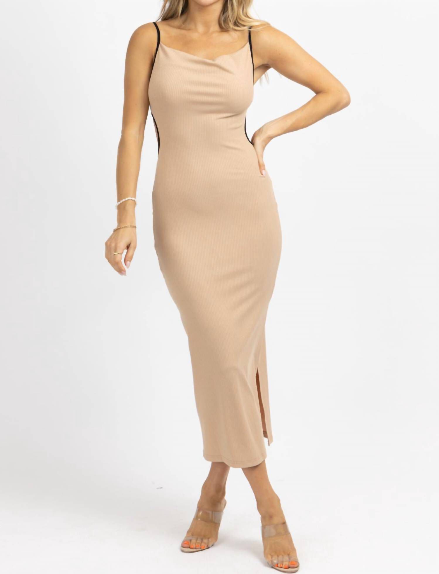 CONTRAST RIBBED MIDI DRESS IN TAUPE + BLACK, Taupe  Black / Beige, hi-res image number 0