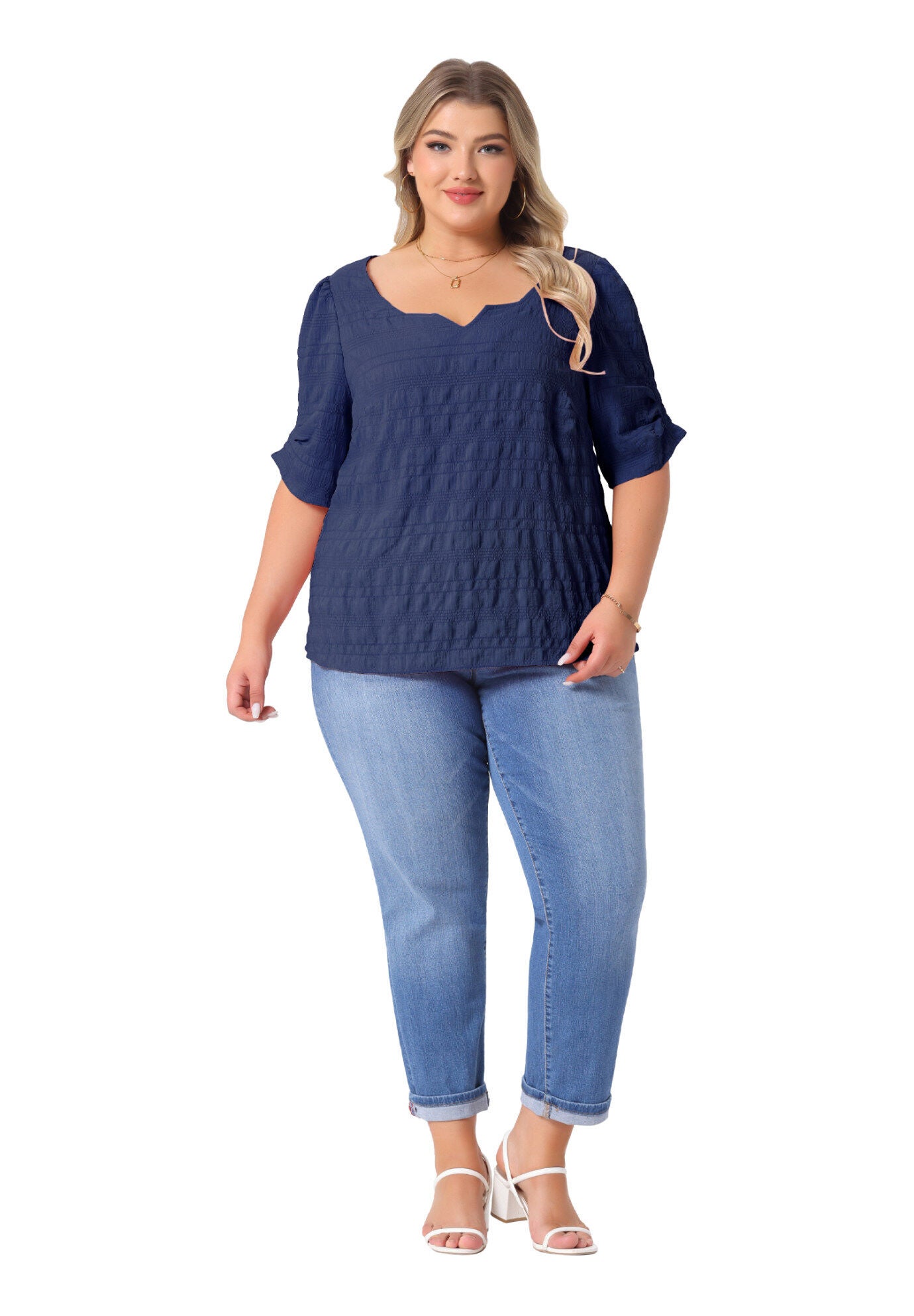 Pleated Notched Short Sleeve Casual Blouse, Dark Blue / Navy, hi-res image number 0