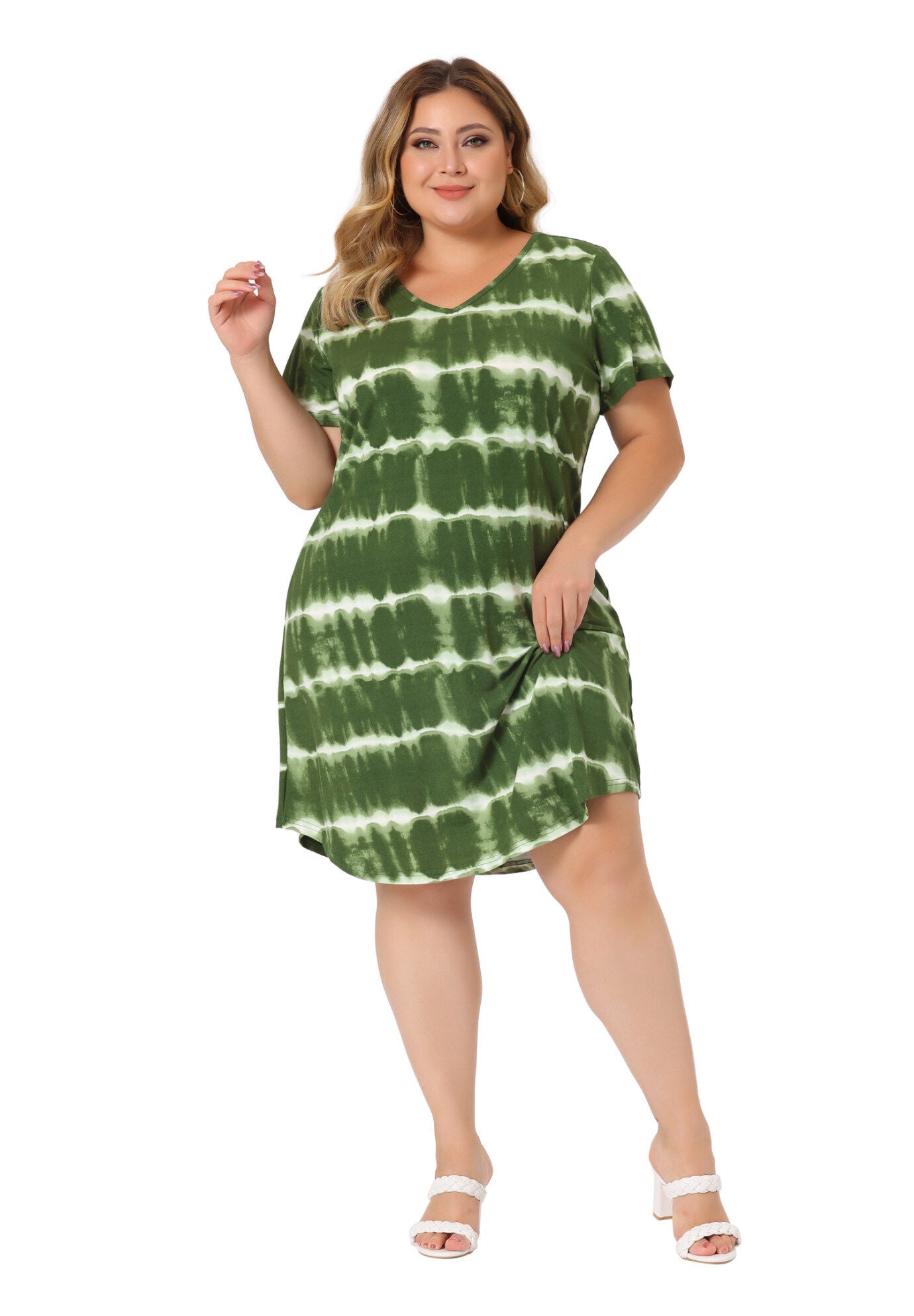Tie Dye Summer V Neck Short Sleeve Dress, Green / Light Green, hi-res image number 0