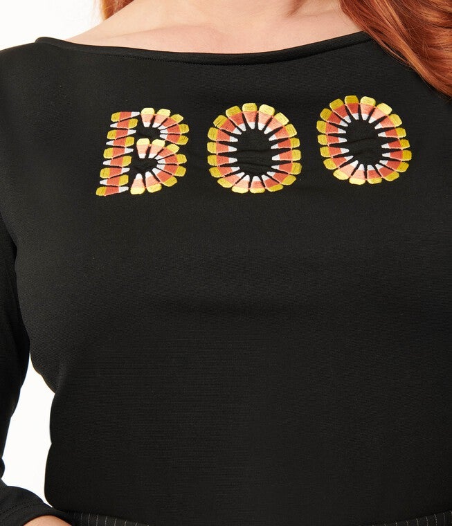 Unique Vintage Black Candy Corn Boo Embroidered Gracie Top, Black / Black, alternate image number null