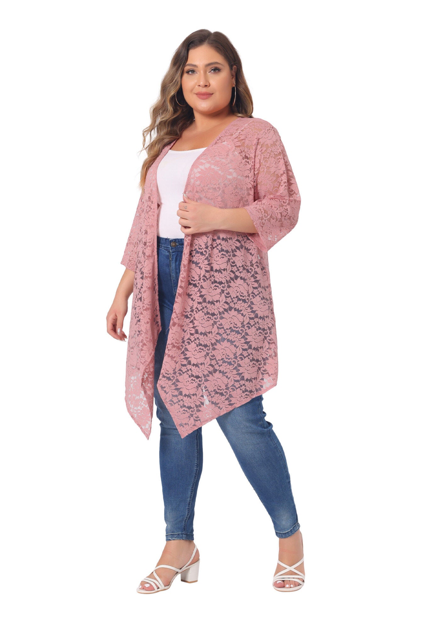 OPEN FRONT 3/4 SLEEVES CROCHET CARDIGAN COVER UP, Pink / Pink, alternate image number 2