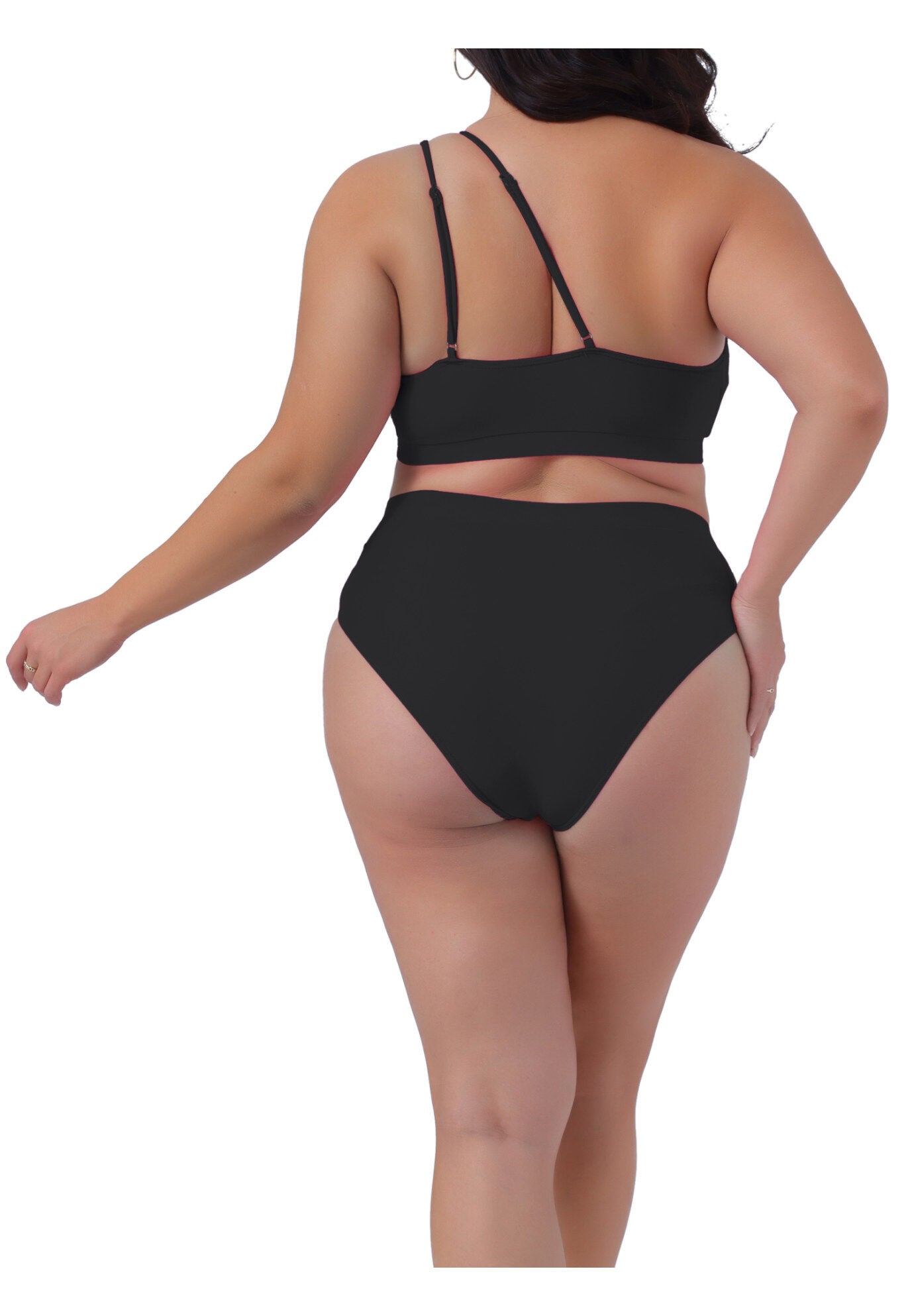 High Waisted Bikini Two Piece One Shoulder Keyhole Swimsuit, Black / Black, alternate image number 3