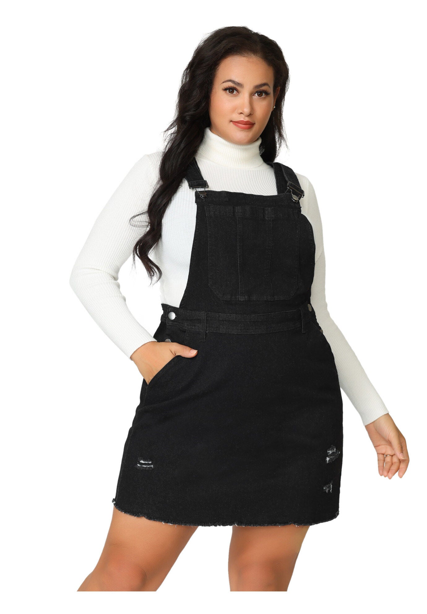 ADJUSTABLE STRAP DISTRESSED DENIM SUSPENDER SKIRT OVERALL DRESS, Black / Black, alternate image number 4