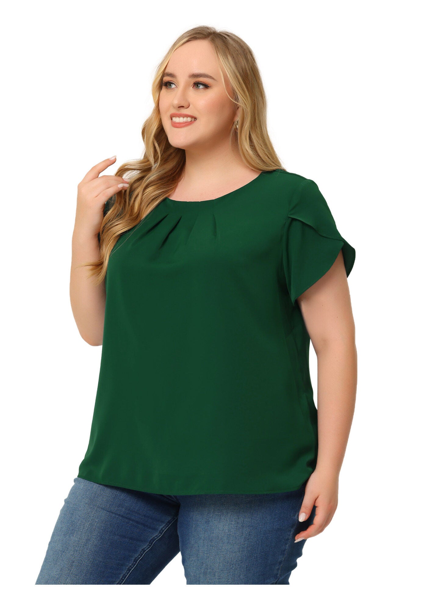 Round Neck Pleated Top Tulip Sleeves Blouse Top, Green / Quetzal Green, hi-res image number 0