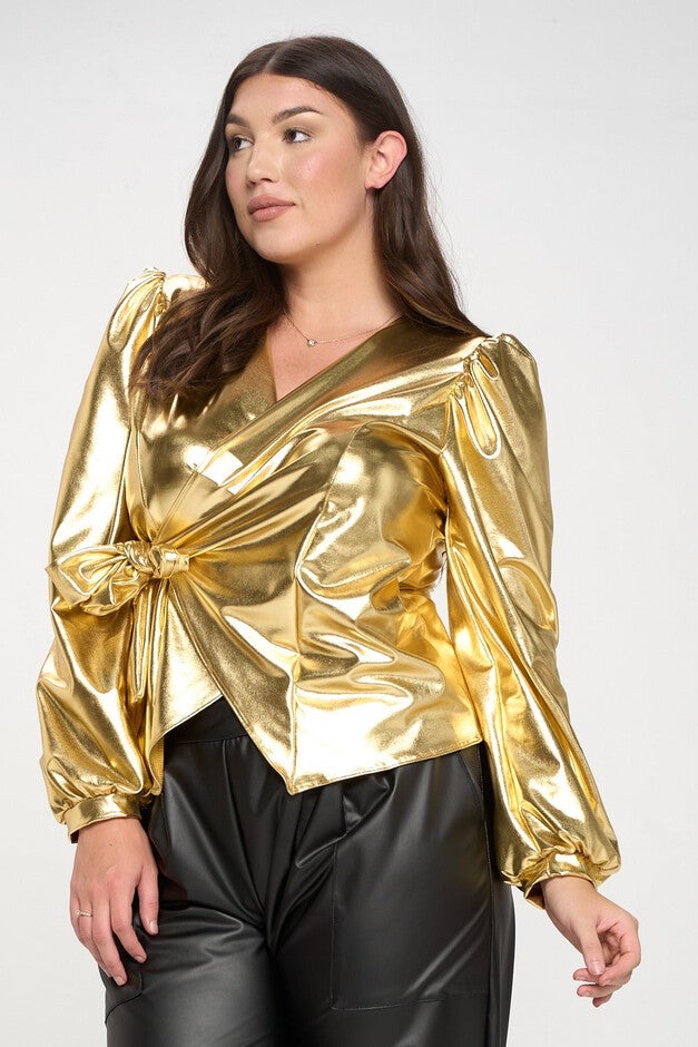 VEGAN LEATHER WRAP TOP, Gold Metallic / Gold, alternate image number 3