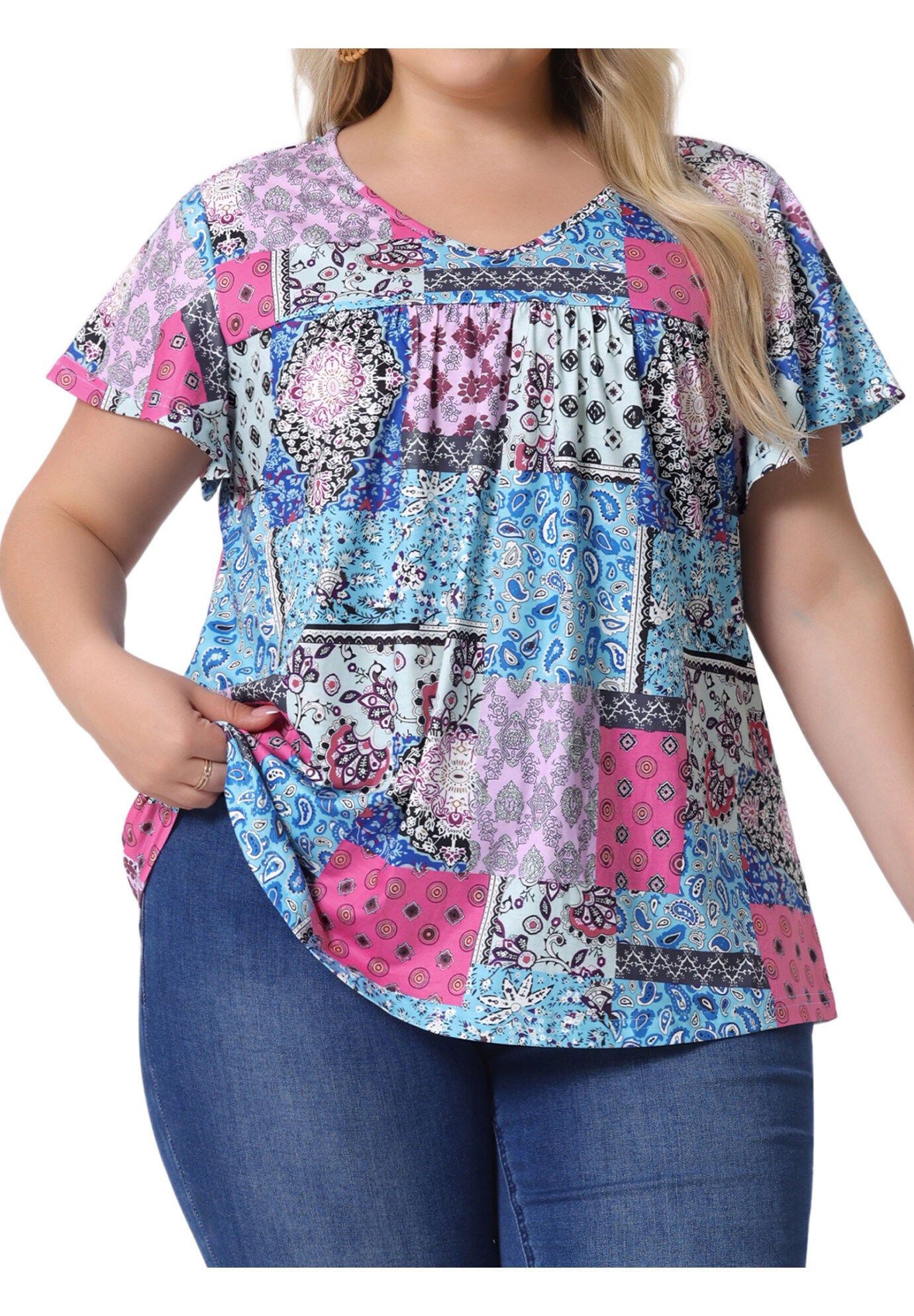 V Neck Ruffle Short Sleeve T-Shirt Tee Top, Blue Pink / Azure Blue, alternate image number 3